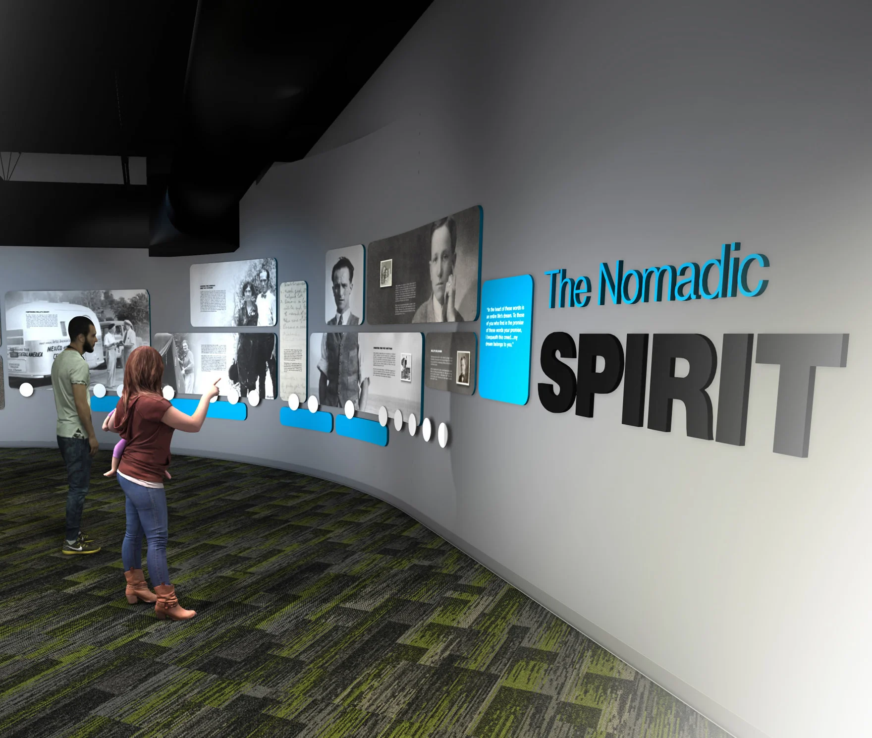 Two people interact with a curved museum exhibit wall titled The Nomadic Spirit, which displays historic photos, text, and graphics in a modern, well-lit space with green patterned carpet.