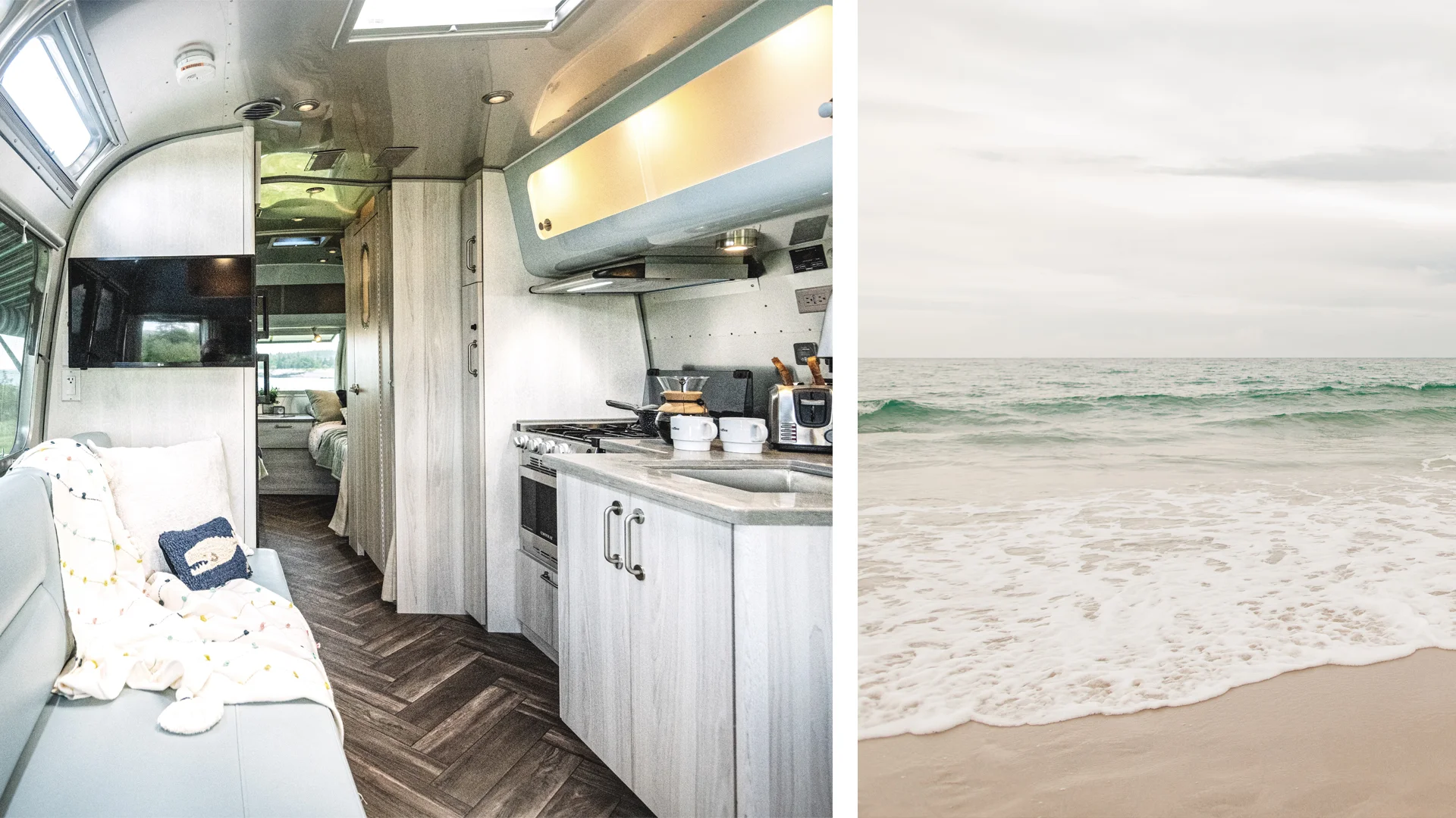 Split image: on the left, a modern, cozy RV interior with a kitchen, sofa, and soft lighting; on the right, a calm beach scene with gentle waves under a cloudy sky.