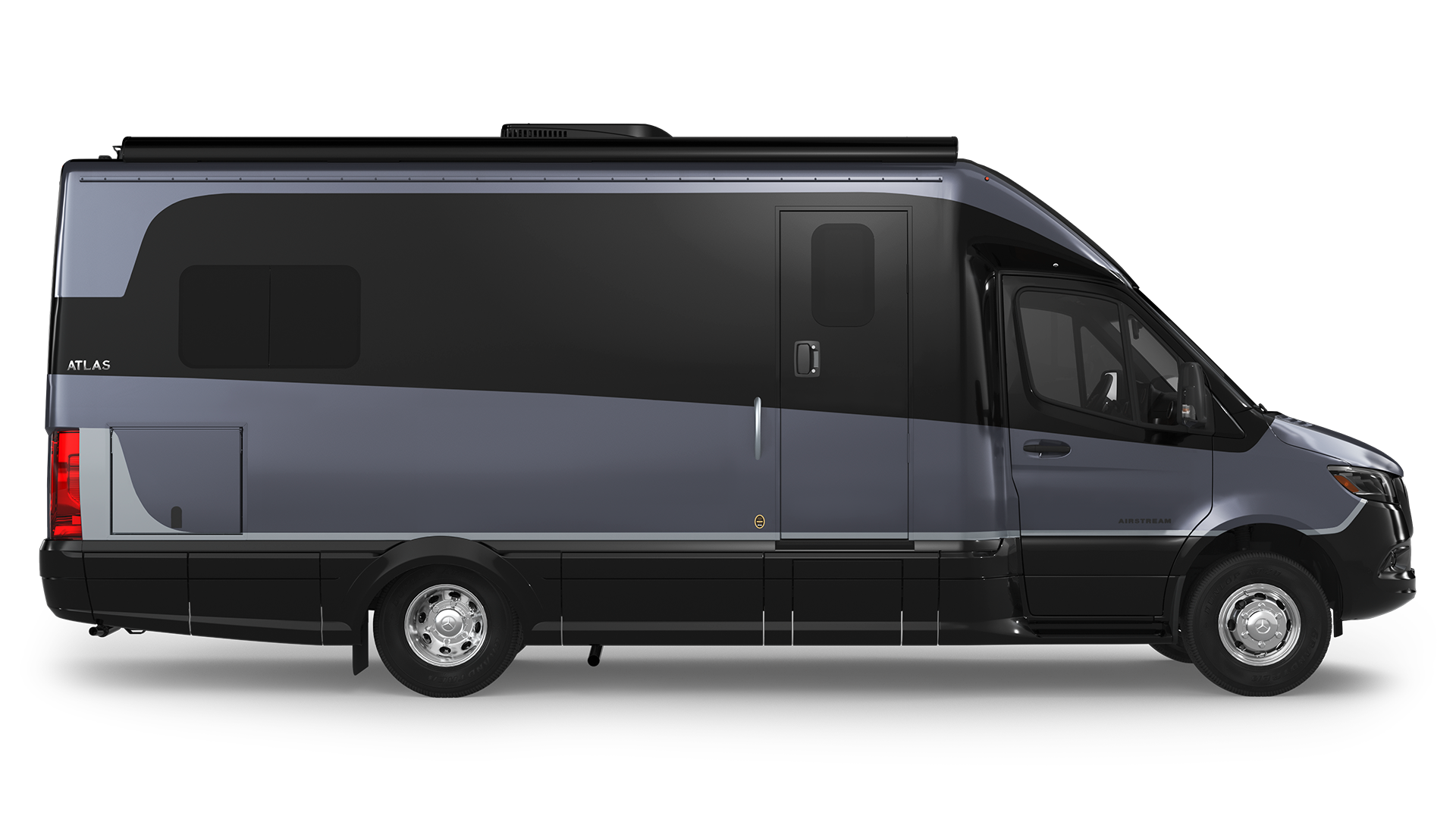 A sleek, dark-colored luxury camper van with tinted windows and a streamlined design, viewed from the side.