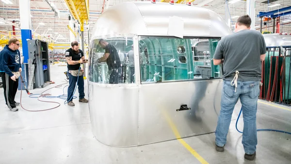 Airstream travel trailer end cap being built in the Ohio plant