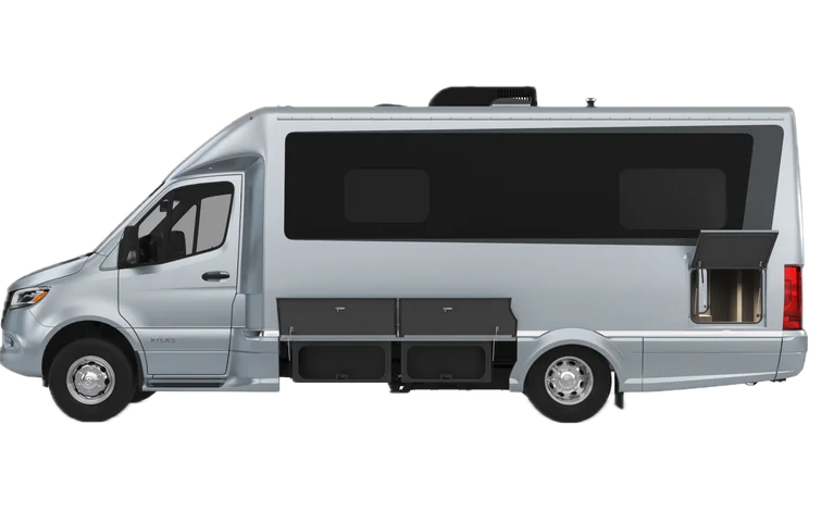 Silver camper van side view, showcasing windows, storage compartments, and an open hatch, designed for travel and adventure.