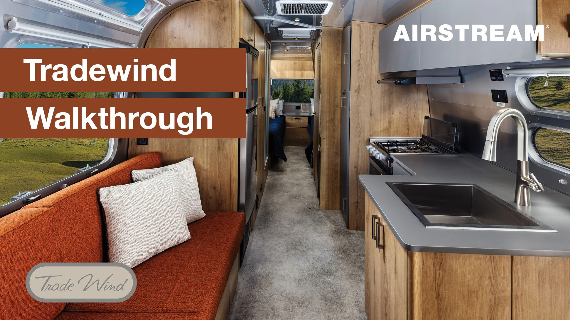 Interior view of an Airstream Tradewind trailer with wooden cabinets, a kitchenette, and an orange sofa. Text reads "Tradewind Walkthrough".