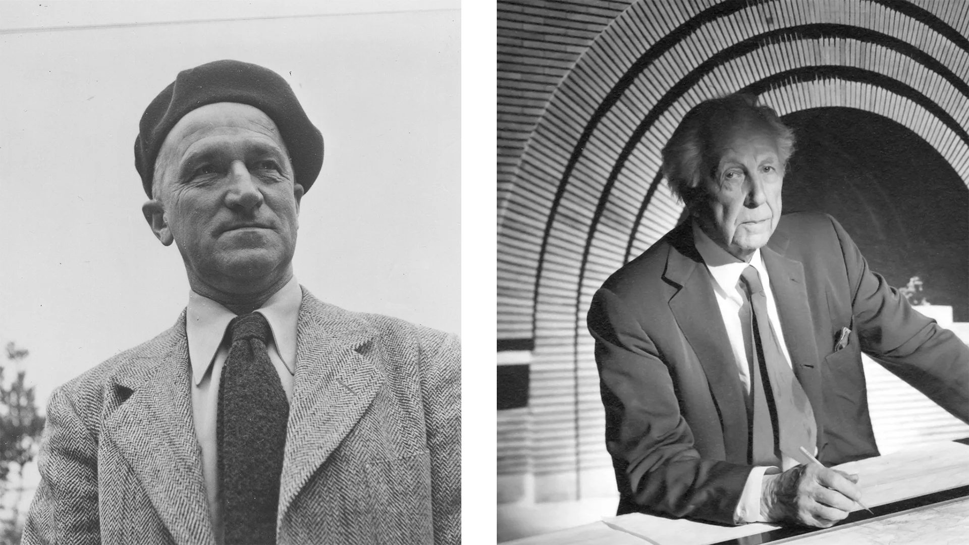Two black and white photos: Left, a man in a beret and suit looks upwards; Right, an older man in a suit writing at a desk in an arched room.