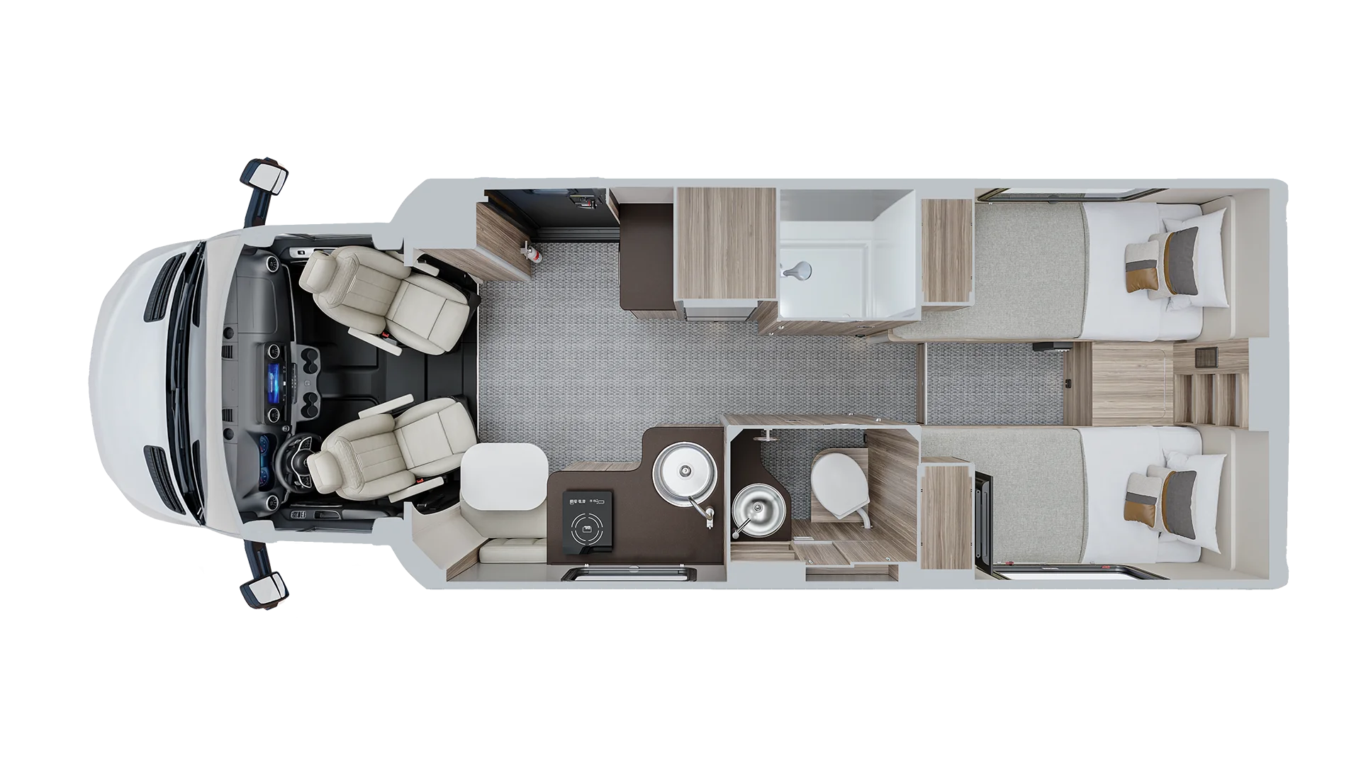 Top-down view of an RV interior with a driver’s cab, kitchenette, bathroom, and two single beds. Modern and organized layout.