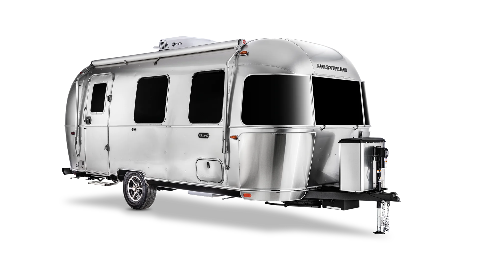 A shiny silver Airstream travel trailer with large black-tinted windows, a rooftop air unit, and a single axle, displayed on a plain white background.