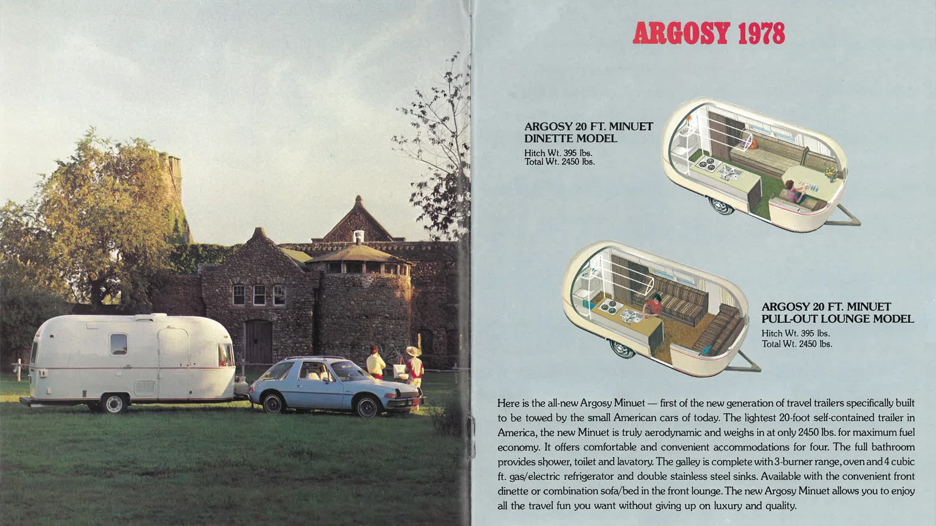 A vintage brochure shows a blue car towing a white Argosy travel trailer near a large stone house and trees. On the right, diagrams and descriptions of two Argosy trailer models appear under the heading ARGOSY 1978.