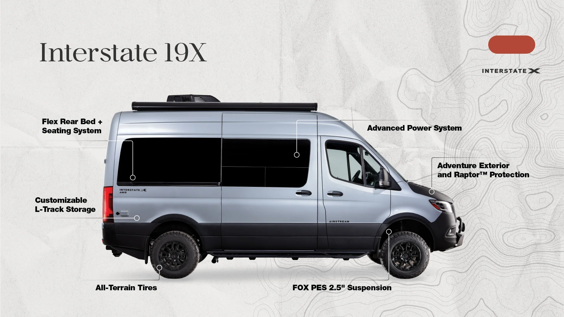 Side view of the Interstate 19X van with labeled features: flex rear bed, L-track storage, all-terrain tires, power system, exterior protection.