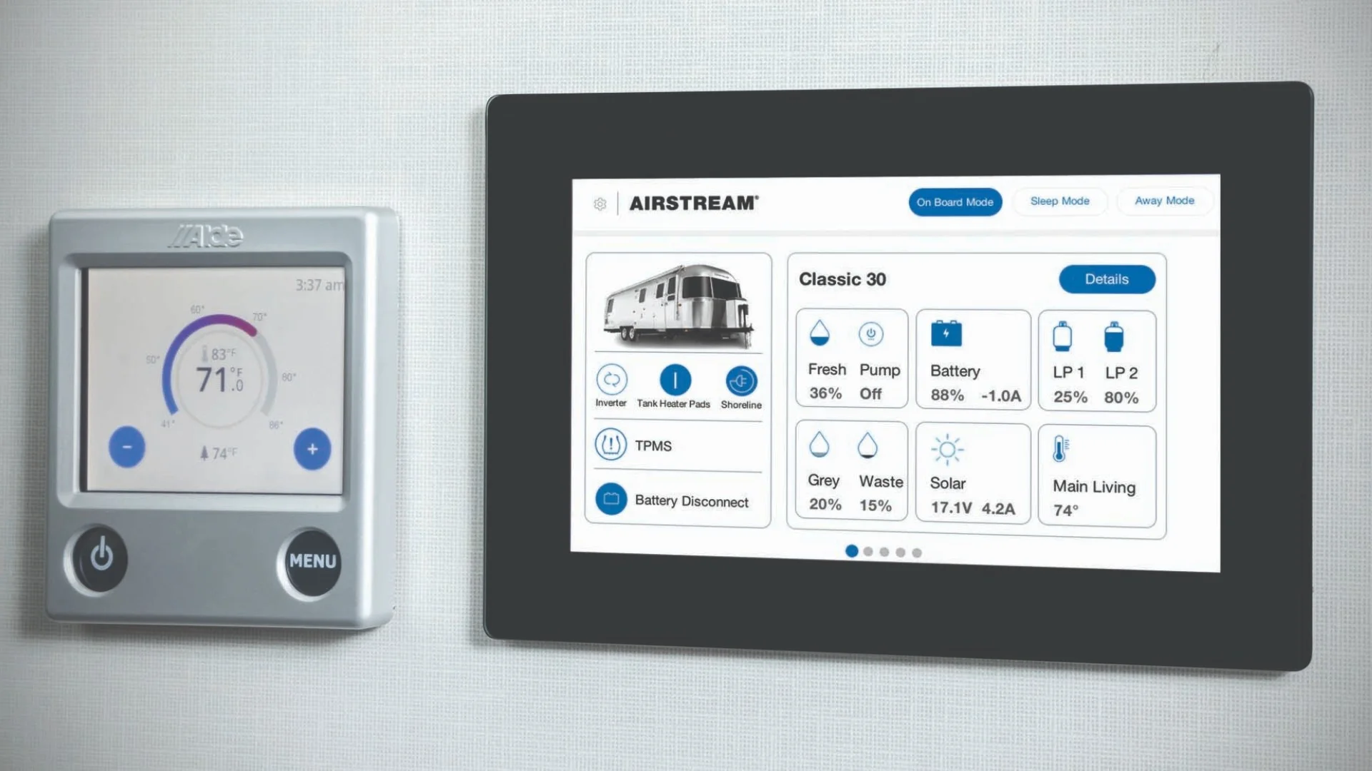 Two control panels on a wall: one circular displaying temperature, another rectangular showing an Airstream interface with multiple settings.