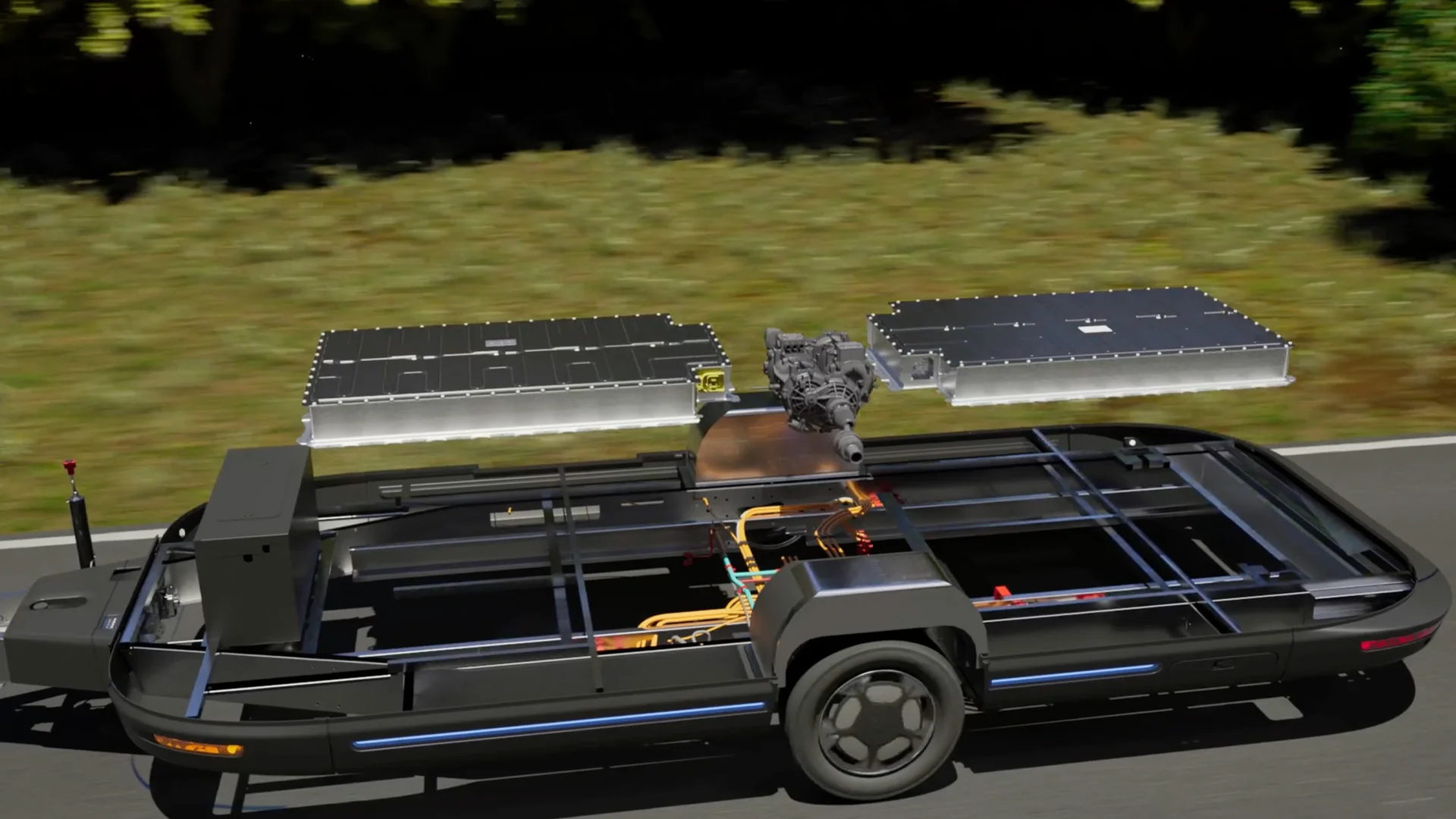 Electric vehicle chassis with exposed components and battery packs on a road, surrounded by greenery.