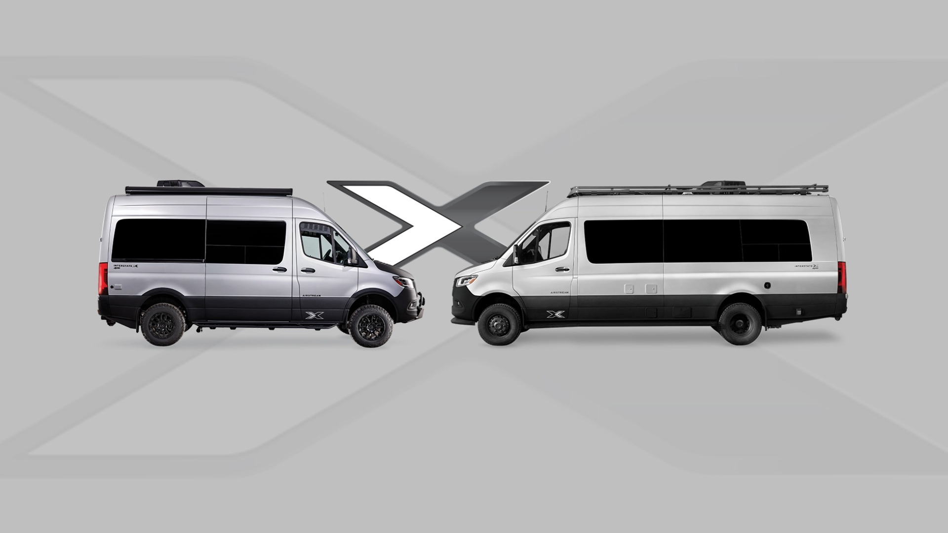 Two sleek camper vans with roof racks, facing each other on a gray background with an "X" logo between them.