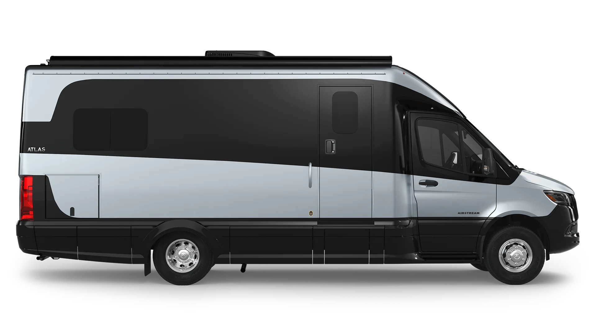 Side view of a sleek, modern black and silver camper van with tinted windows and a compact design.