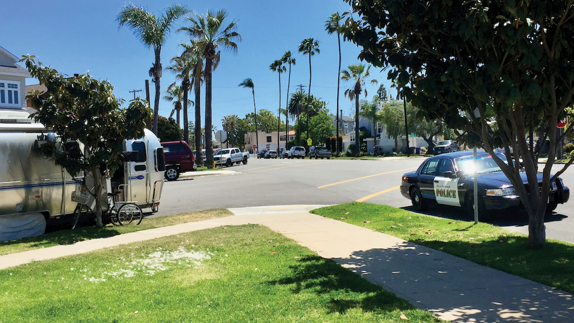 A police car is parked at the corner of a sunny suburban street lined with palm trees. An Airstream trailer and a bicycle are visible on the left side of the image. Houses and more cars are in the background.