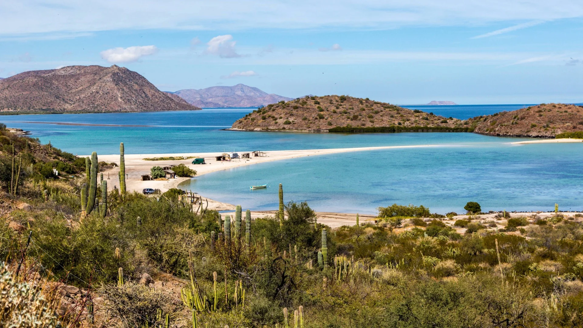Serene coastal landscape with turquoise water, sandy beach, cacti, and hills in the background under a clear blue sky.