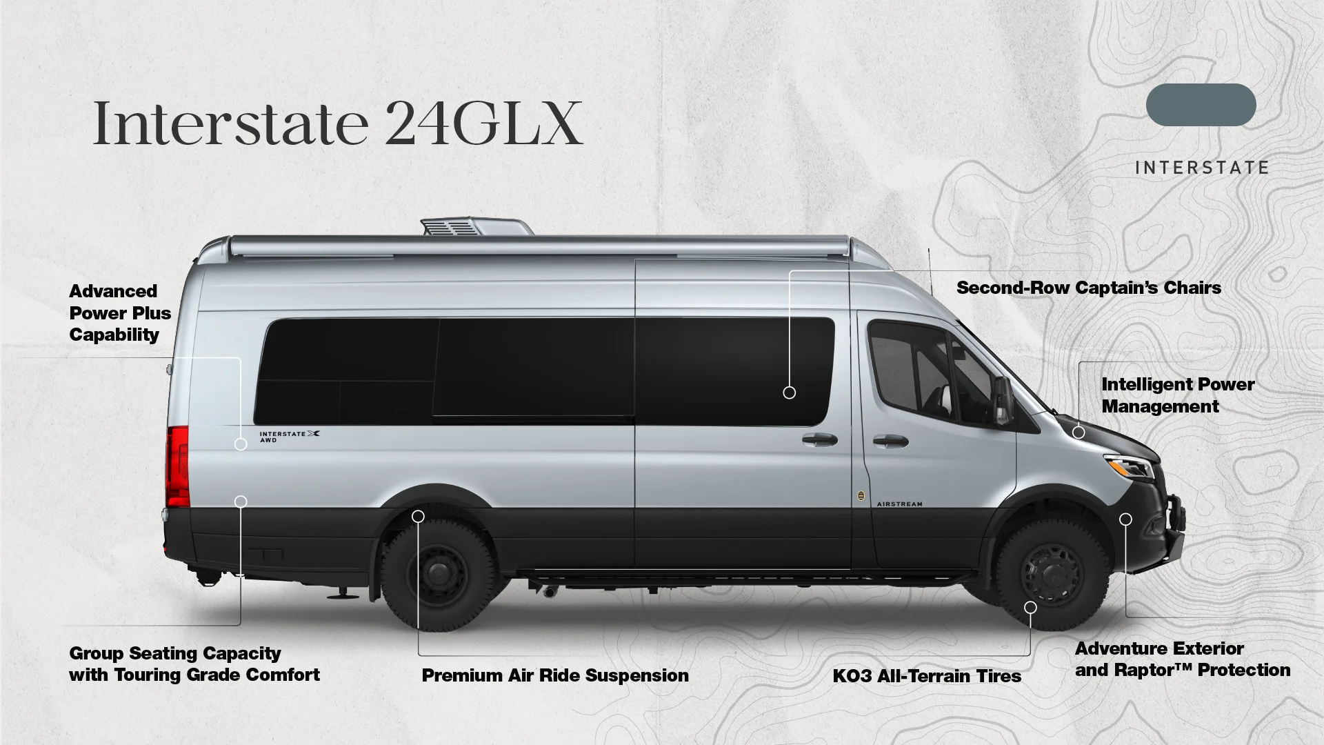 Silver Interstate 24GLX van with labeled features like power management, captain's chairs, air ride suspension, and all-terrain tires on a gray map background.