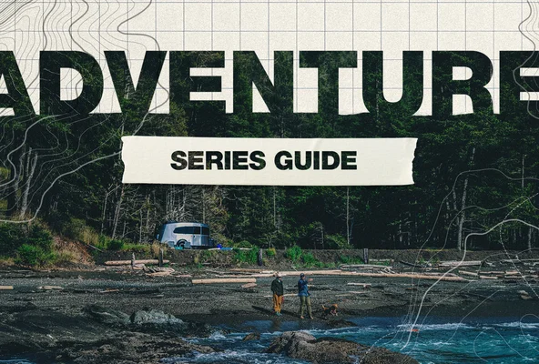 "Adventure Series Guide" text overlay on a rugged coastal scene with people and a trailer near a forest, outlined with topographic map lines.