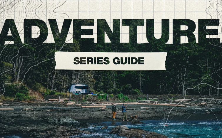 "Adventure Series Guide" text overlay on a rugged coastal scene with people and a trailer near a forest, outlined with topographic map lines.