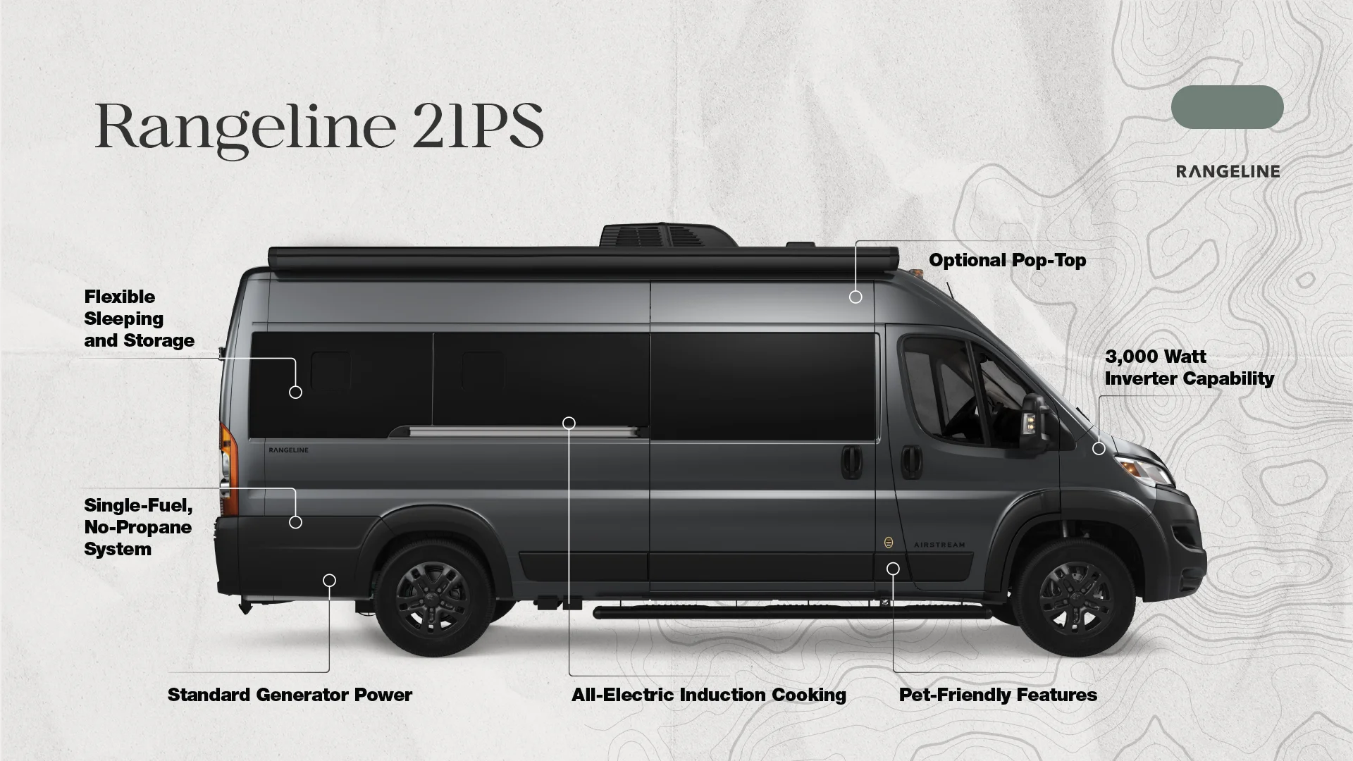 Gray Rangeline 21PS camper van with features labeled: flexible sleeping and storage, optional pop-top, all-electric cooking, pet-friendly, and more.
