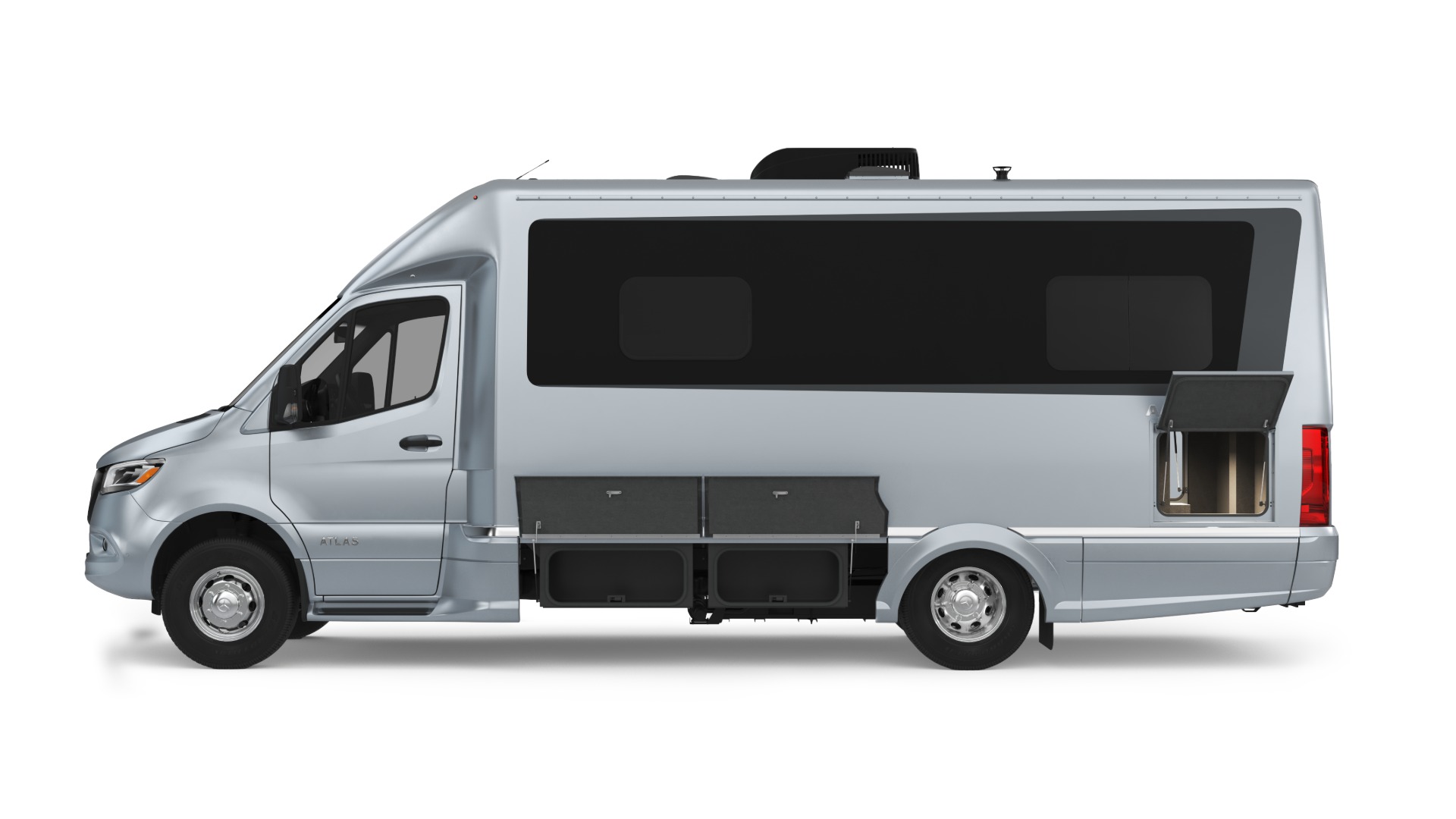 Side view of a silver camper van with large windows, storage compartments open underneath, and sleek design against a white background.