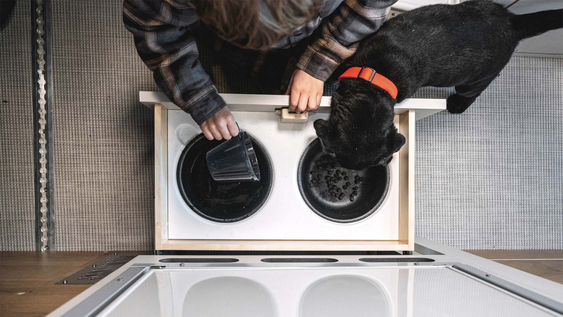Overhead view of a person filling a cat's bowl with food as a black cat with a red collar eats from another bowl in a drawer.