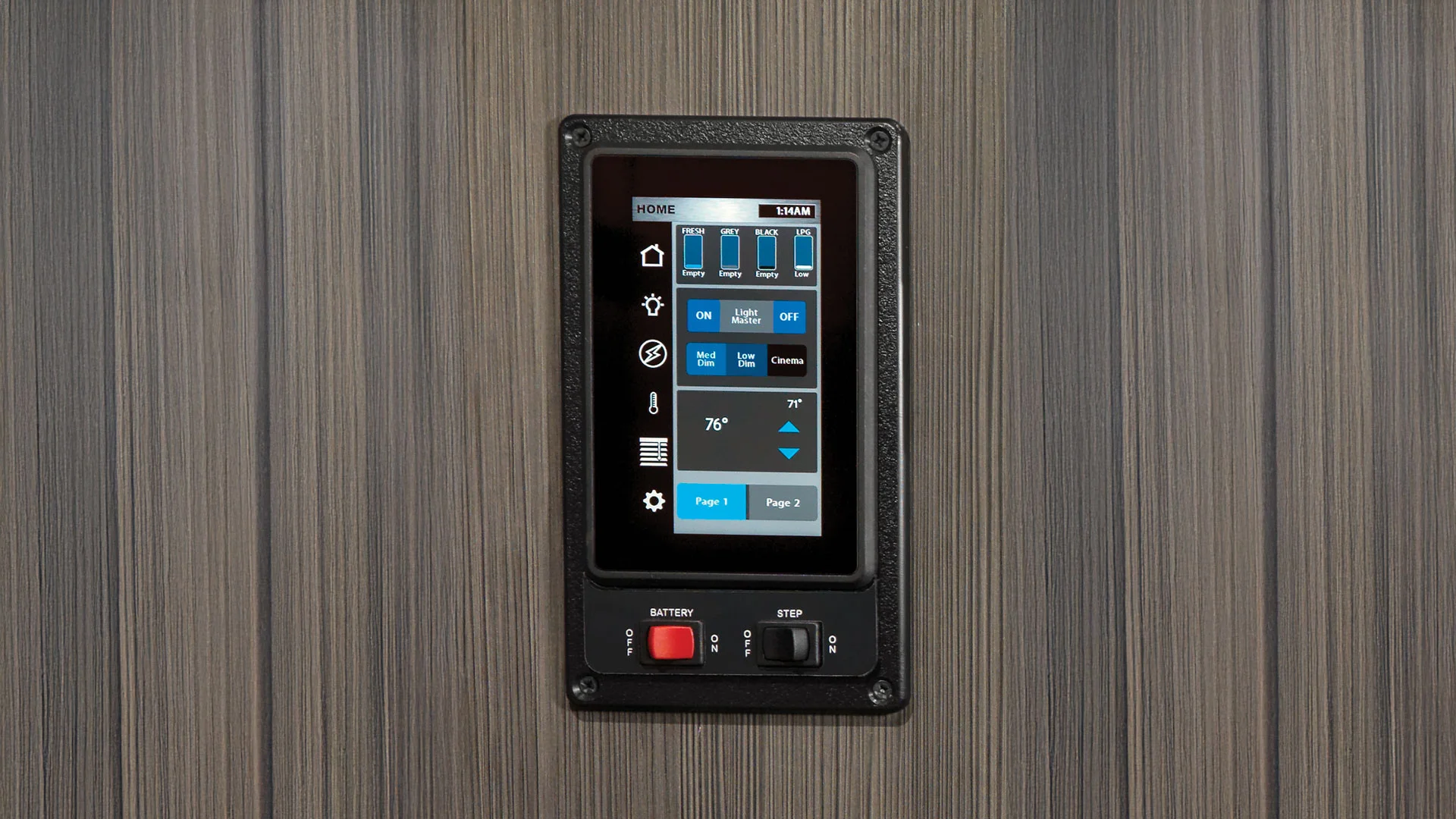 Wall-mounted smart home control panel with buttons and a digital display showing temperature and various control options, framed in black.