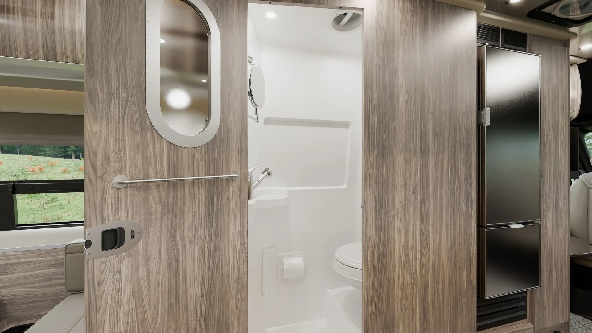 Wetbath inside a camper van with wood laminate doors