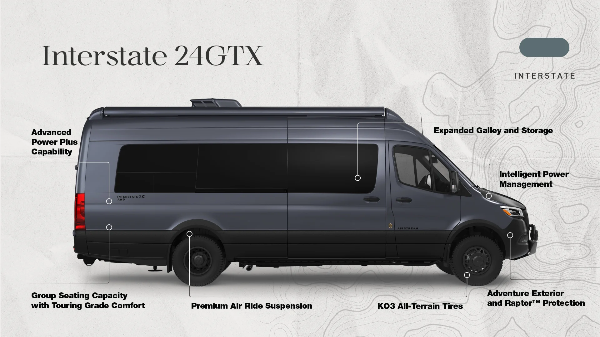 Side view of a dark grey Interstate 24GTX van with labels highlighting features like advanced power, premium suspension, and expanded storage.