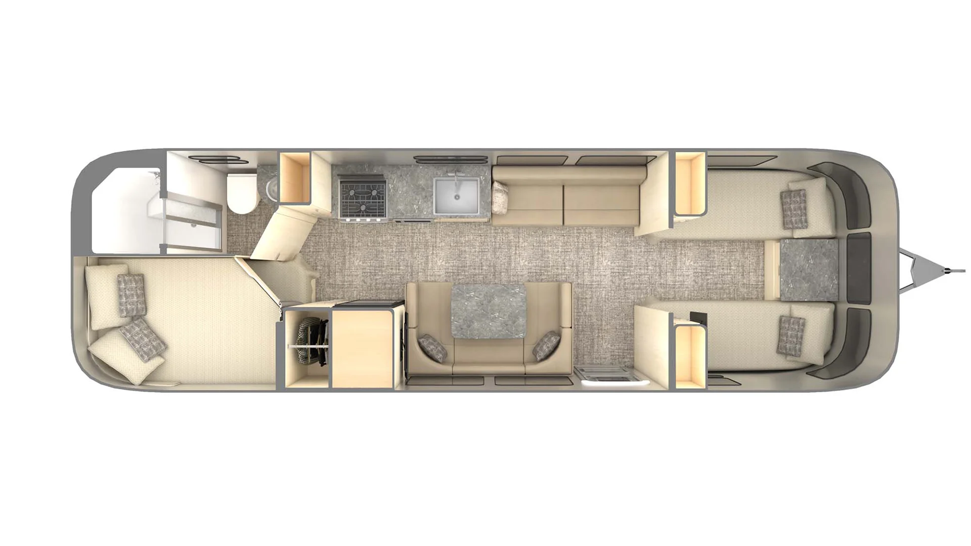 Floor plan of a travel trailer with a bedroom, bathroom, kitchen, living area, and two seating spaces featuring beige and gray tones.
