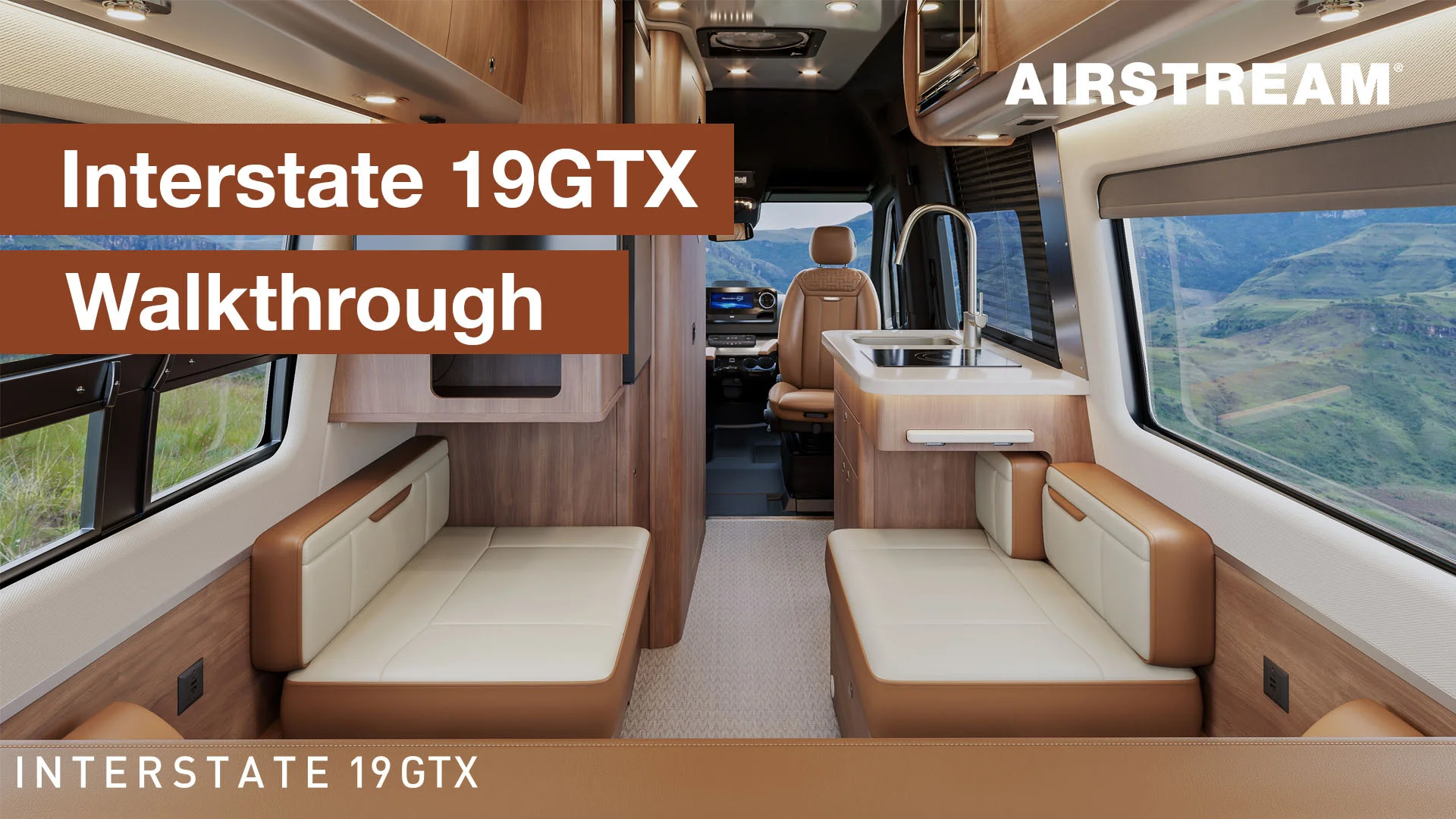 Interior view of the Airstream Interstate 19GTX, featuring seating, cabinetry, and a window. Text reads "Interstate 19GTX Walkthrough."
