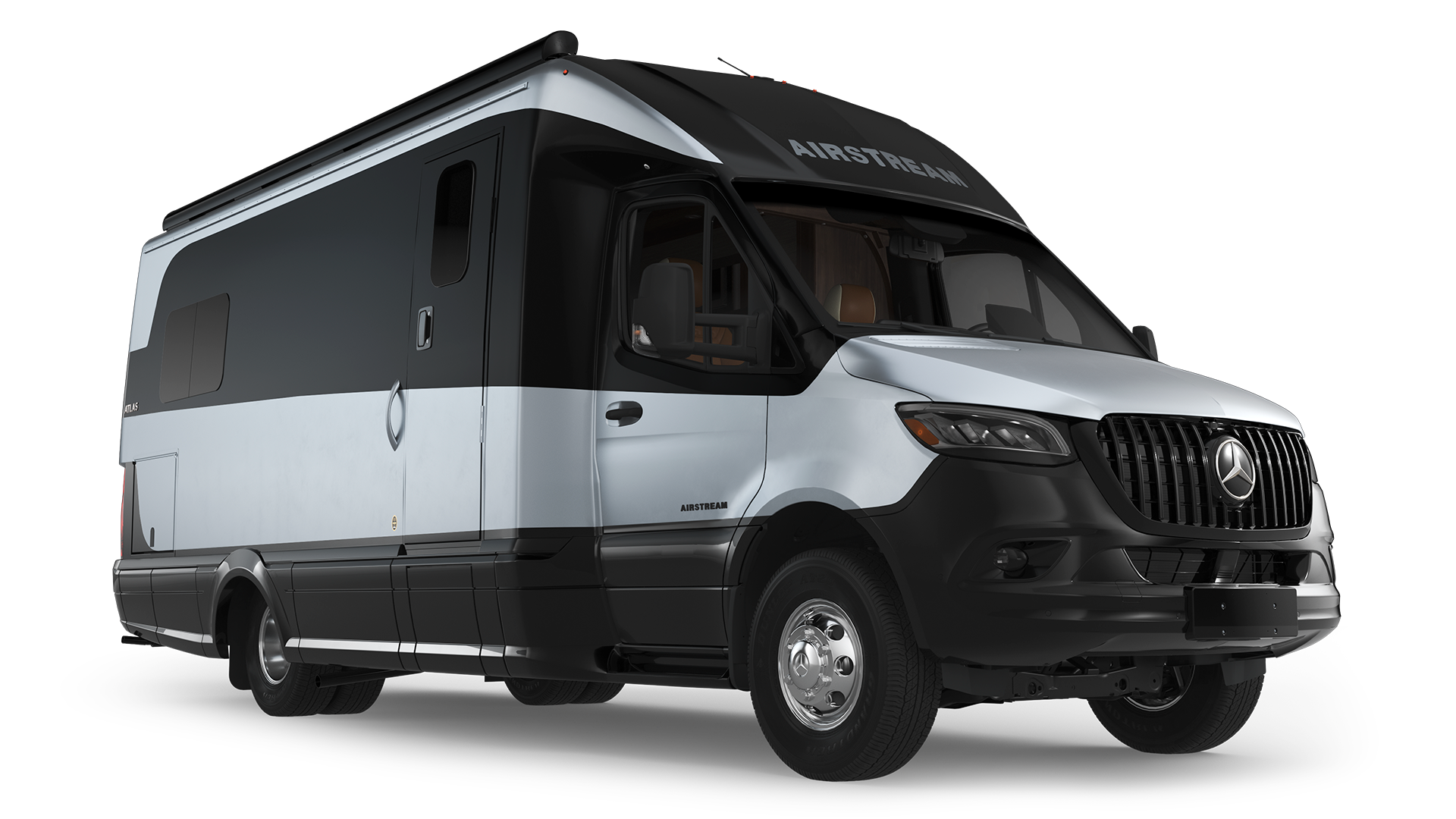 A sleek, modern camper van with a black and silver exterior, featuring large windows and robust wheels, shown from a front side angle.