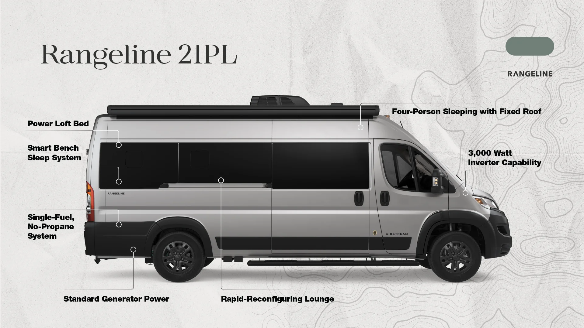 Silver Rangeline 21PL RV with features labeled: power loft bed, smart bench sleep, single-fuel, generator power, lounge, sleeping for four, inverter.