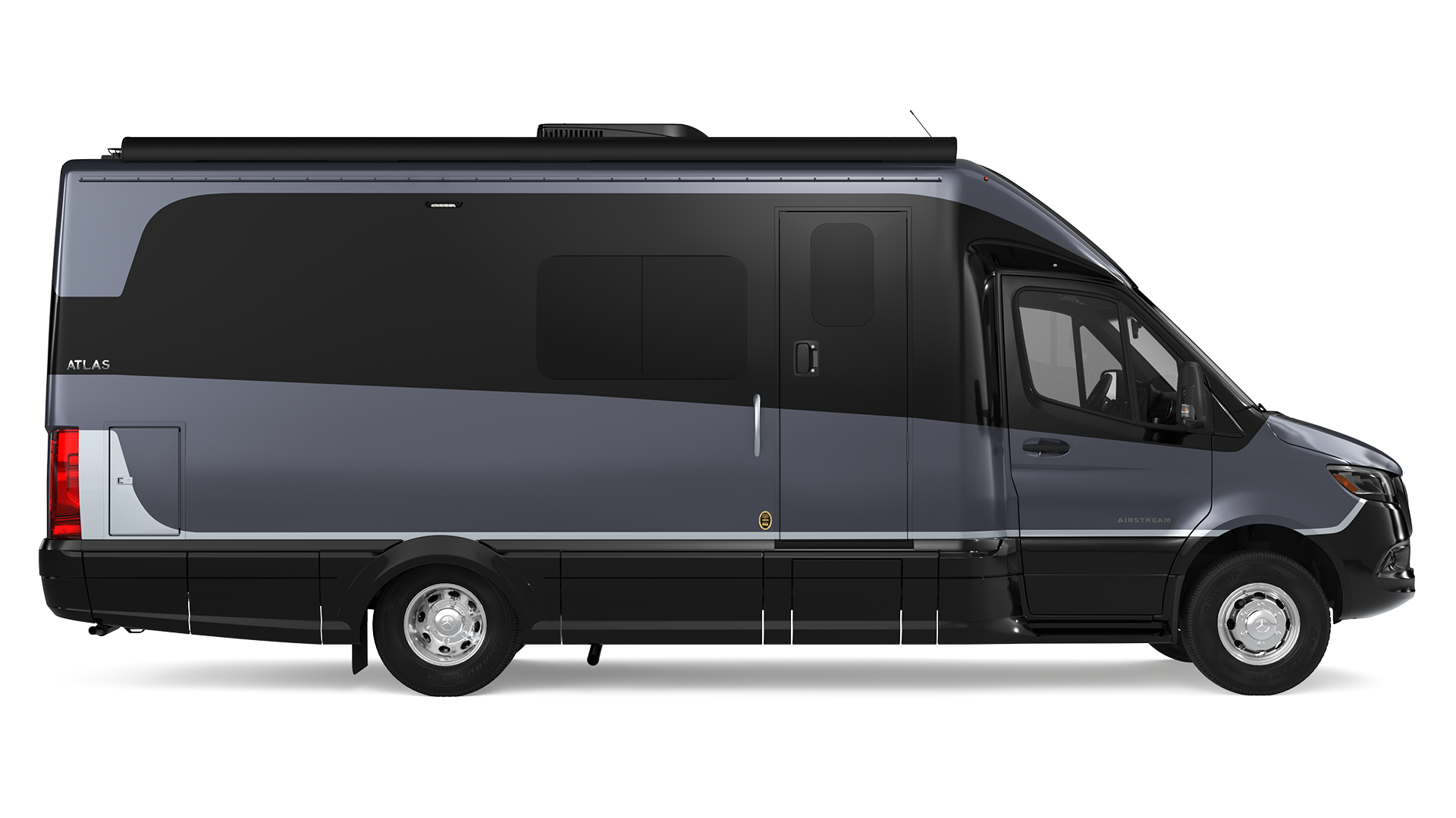 A sleek, modern camper van with a dark gray and black exterior, featuring tinted windows and a streamlined design.
