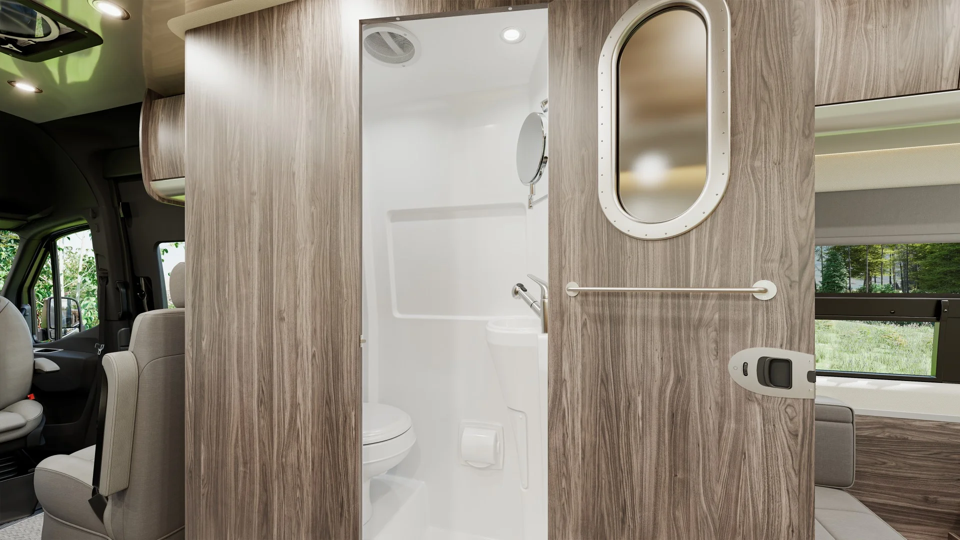 Camper Van wet bath with doors open and dark-wood laminate surrounding it