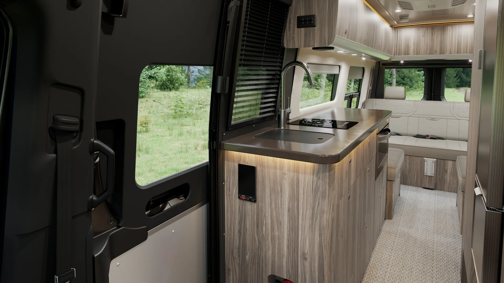 Interstate camper van galley in stonehaven laminate