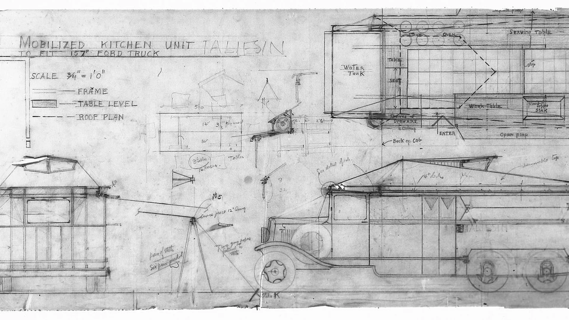 Blueprint of a mobile kitchen unit on a Ford truck, showing side and top views, detailed measurements, and design annotations.
