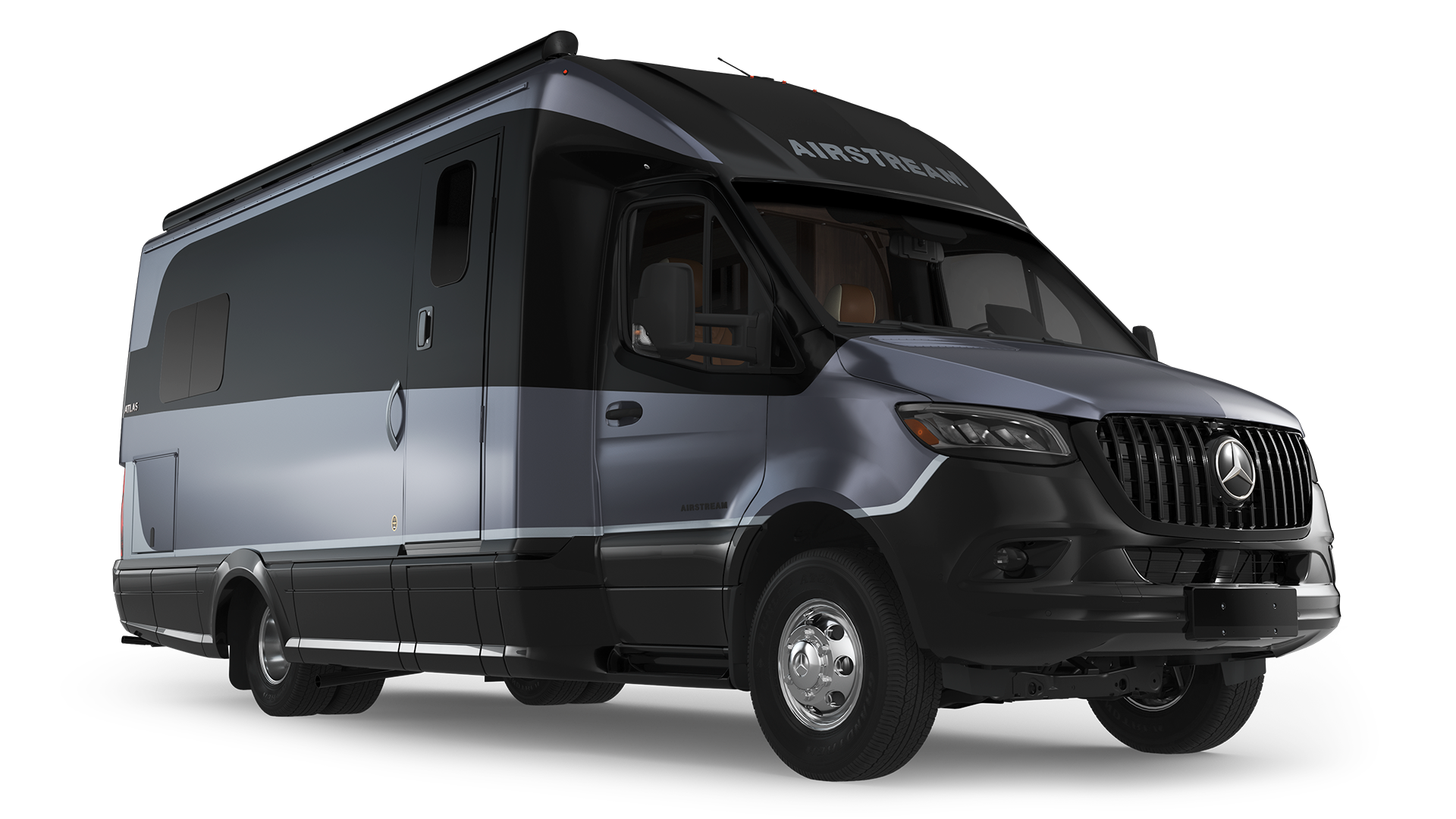 A sleek black and silver Airstream camper van with a Mercedes-Benz logo, viewed from the front and side, showcasing its modern design.