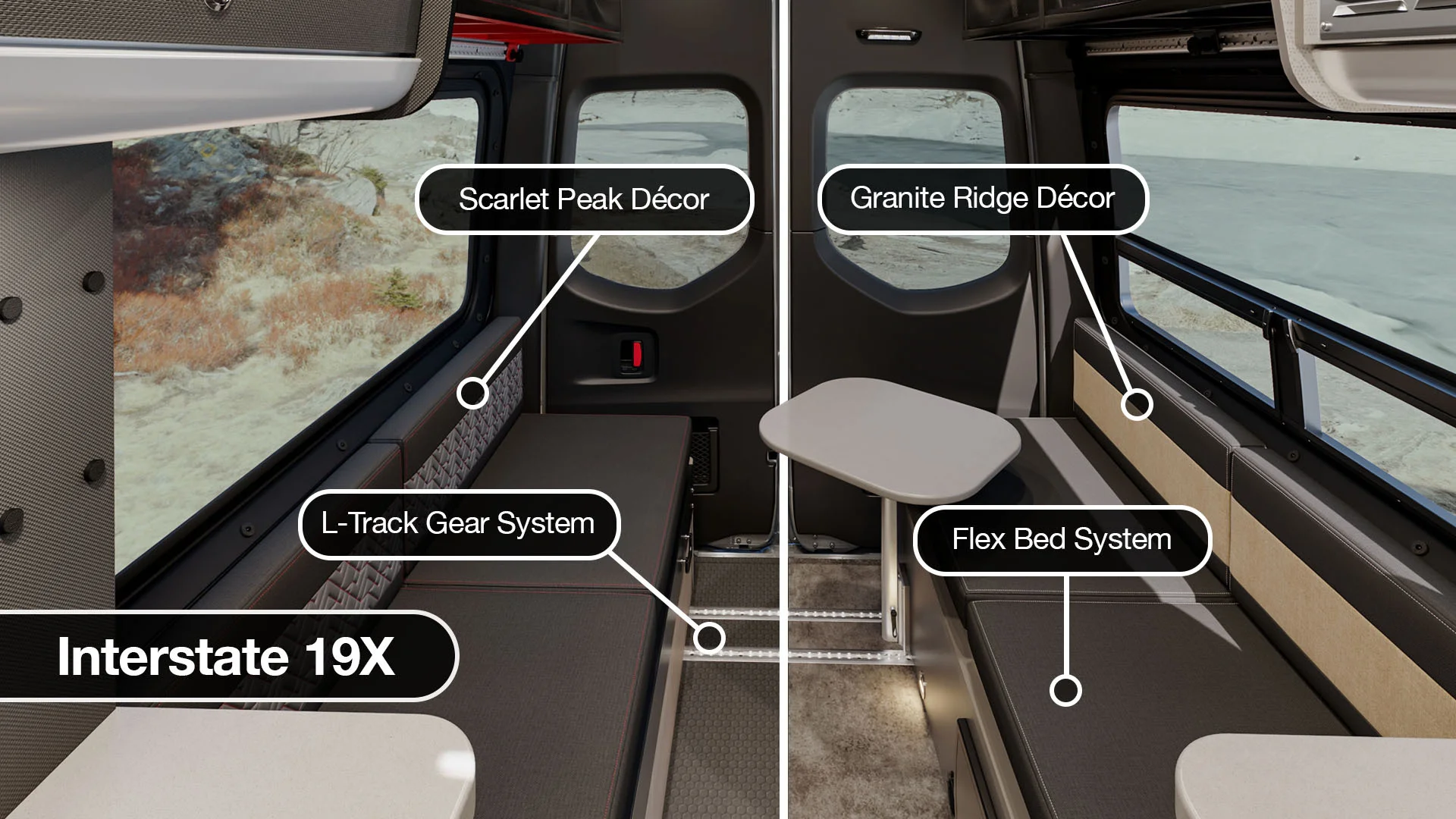 Interior view of Interstate 19X showing Scarlet Peak Décor, Granite Ridge Décor, L-Track Gear System, and Flex Bed System.