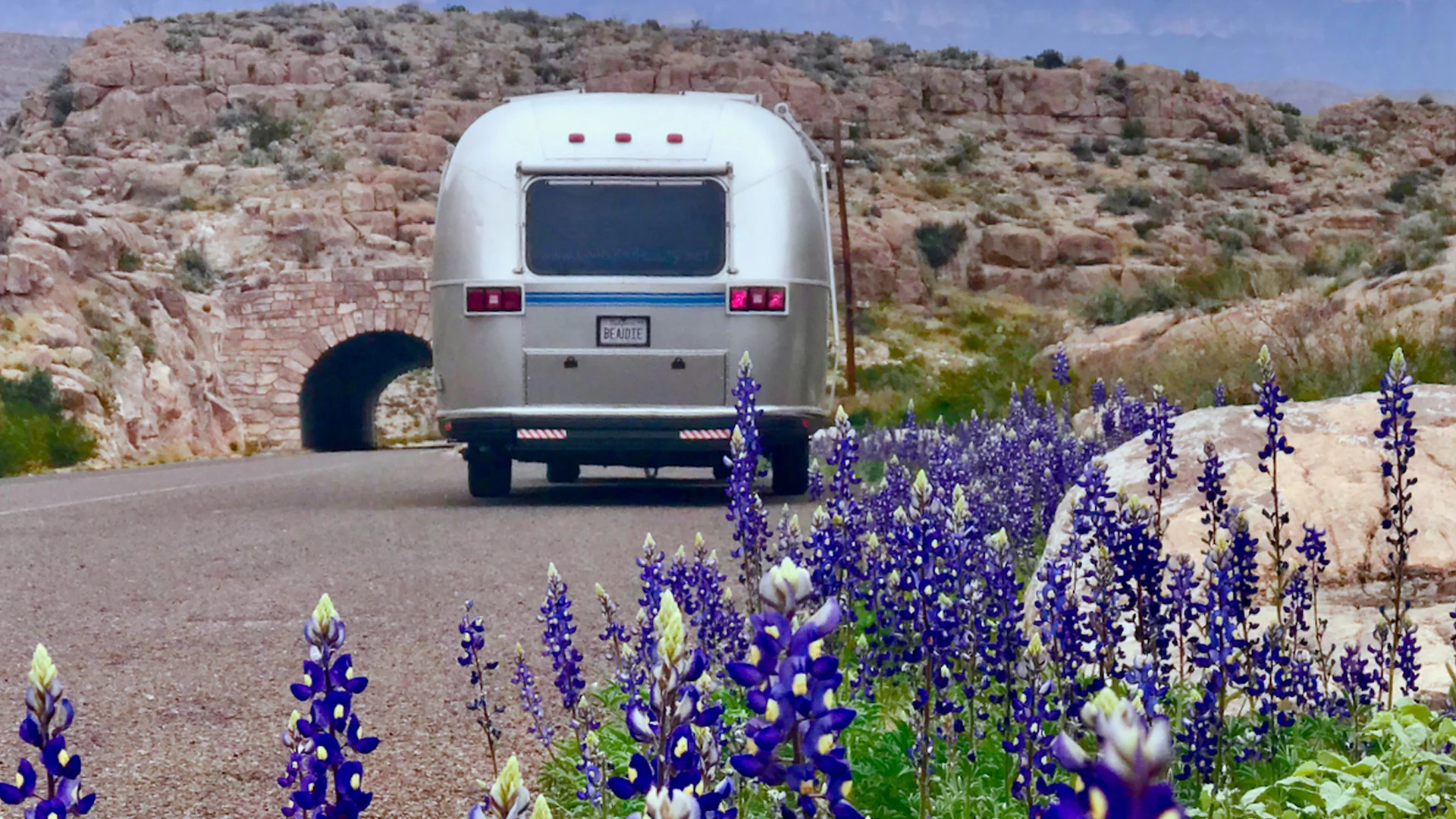 A silver travel trailer drives down a road surrounded by rocky hills, passing purple wildflowers and heading toward a tunnel carved into the rock.