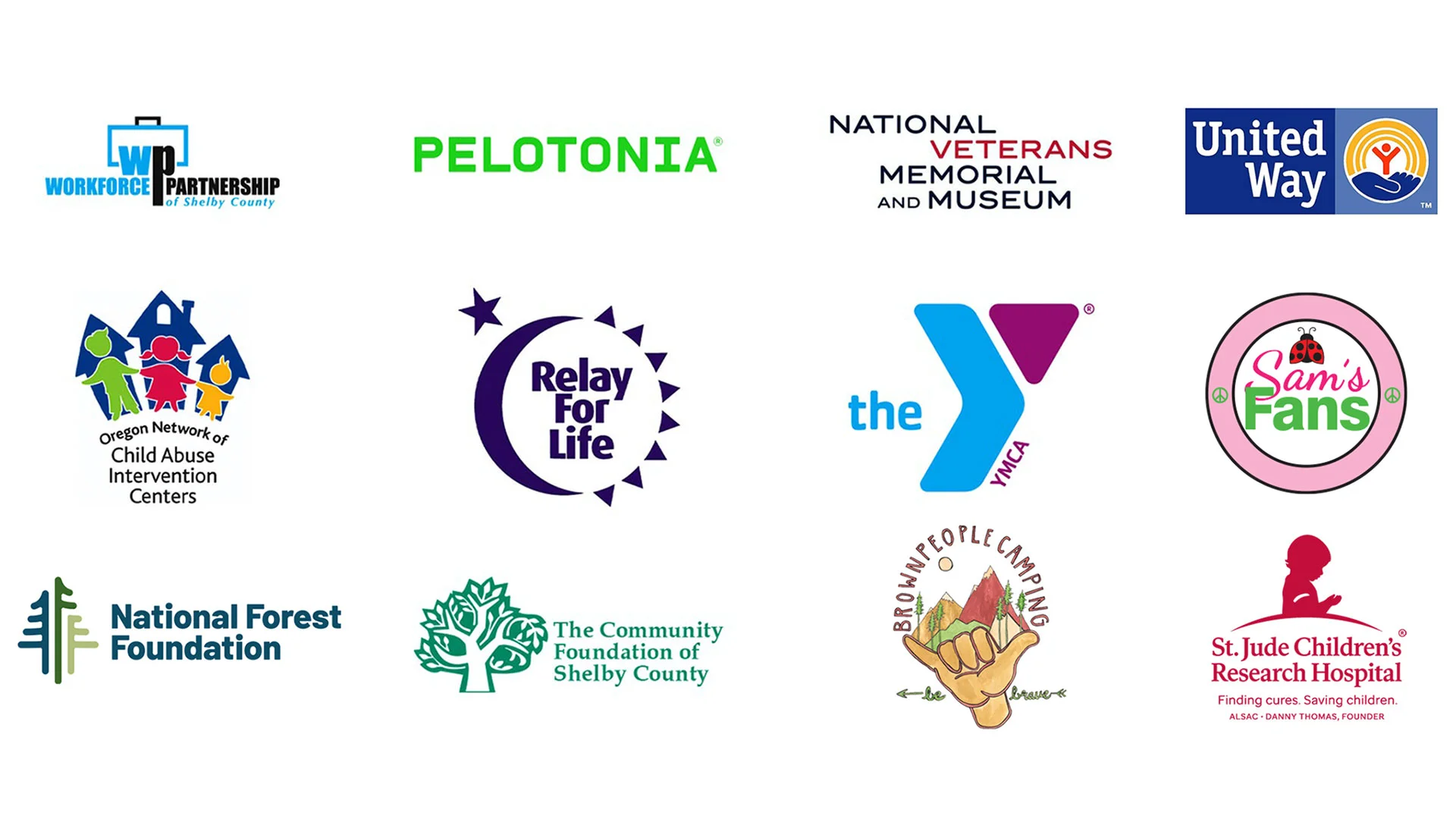 Logos of various organizations including Pelotonia, United Way, YMCA, and St. Jude Children's Research Hospital on a white background.