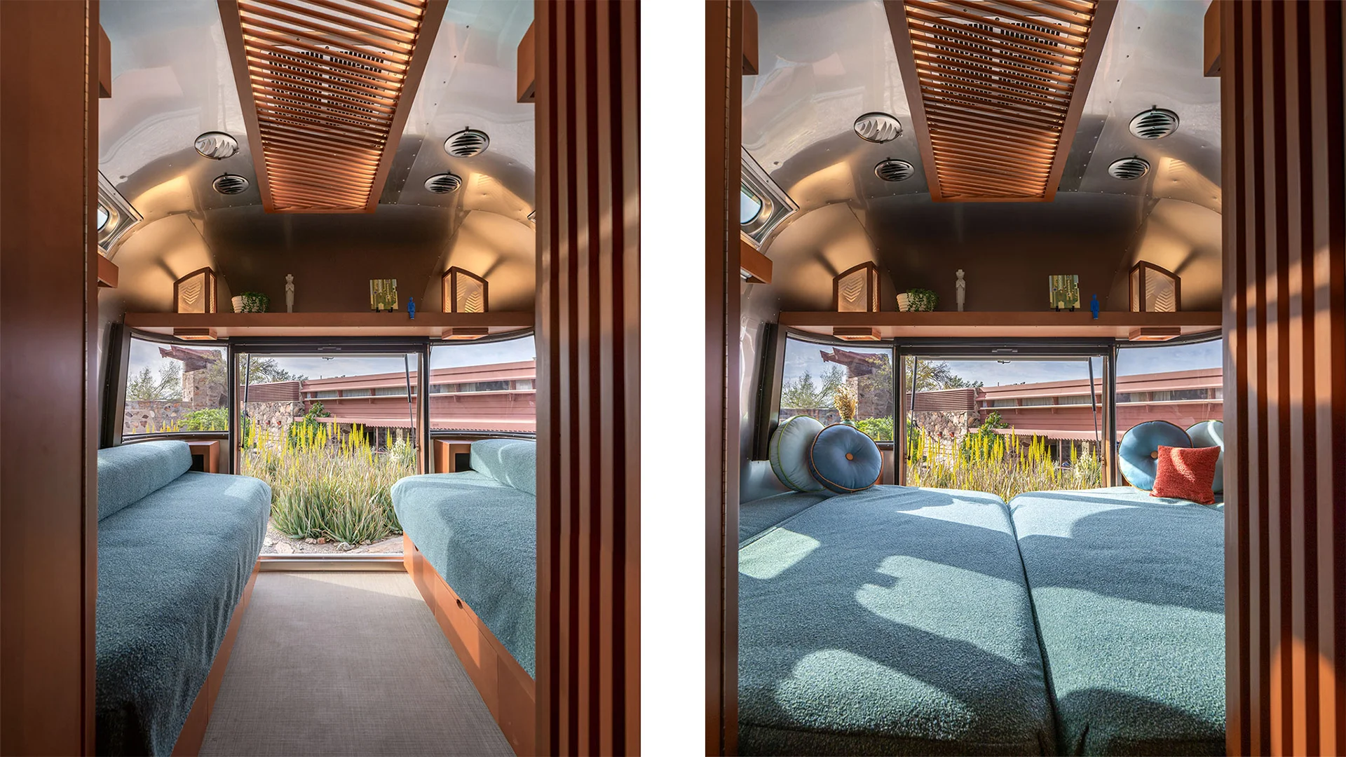 Interior of a modern RV bedroom with two twin beds, wooden accents, skylights, and large windows offering an outdoor view.