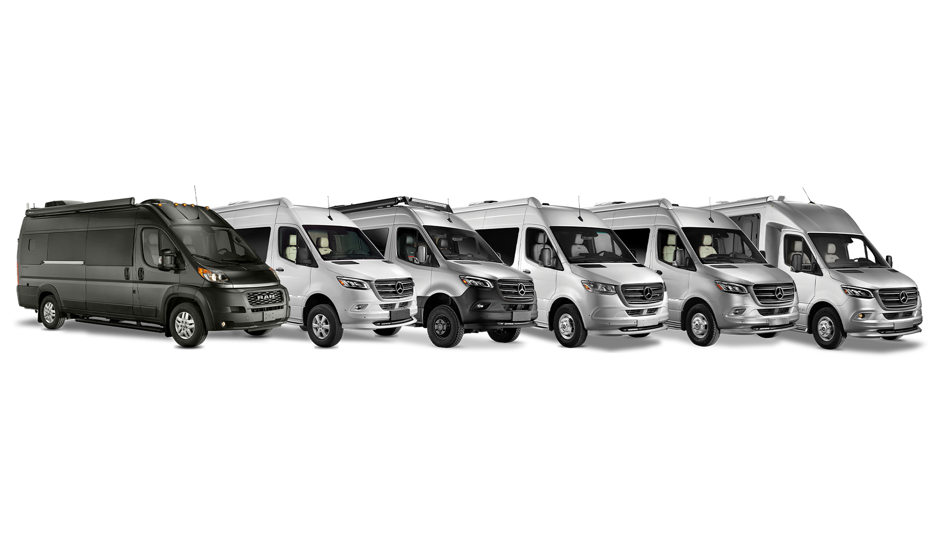 A lineup of six silver and gray vans of varying sizes and styles, parked side by side on a white background.