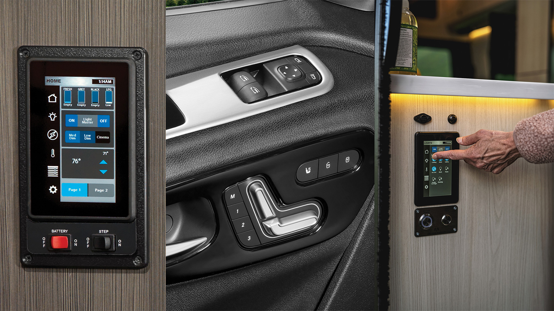 Split image of a control panel with touch screen, car door controls, and a person using a touchscreen inside a vehicle interior.