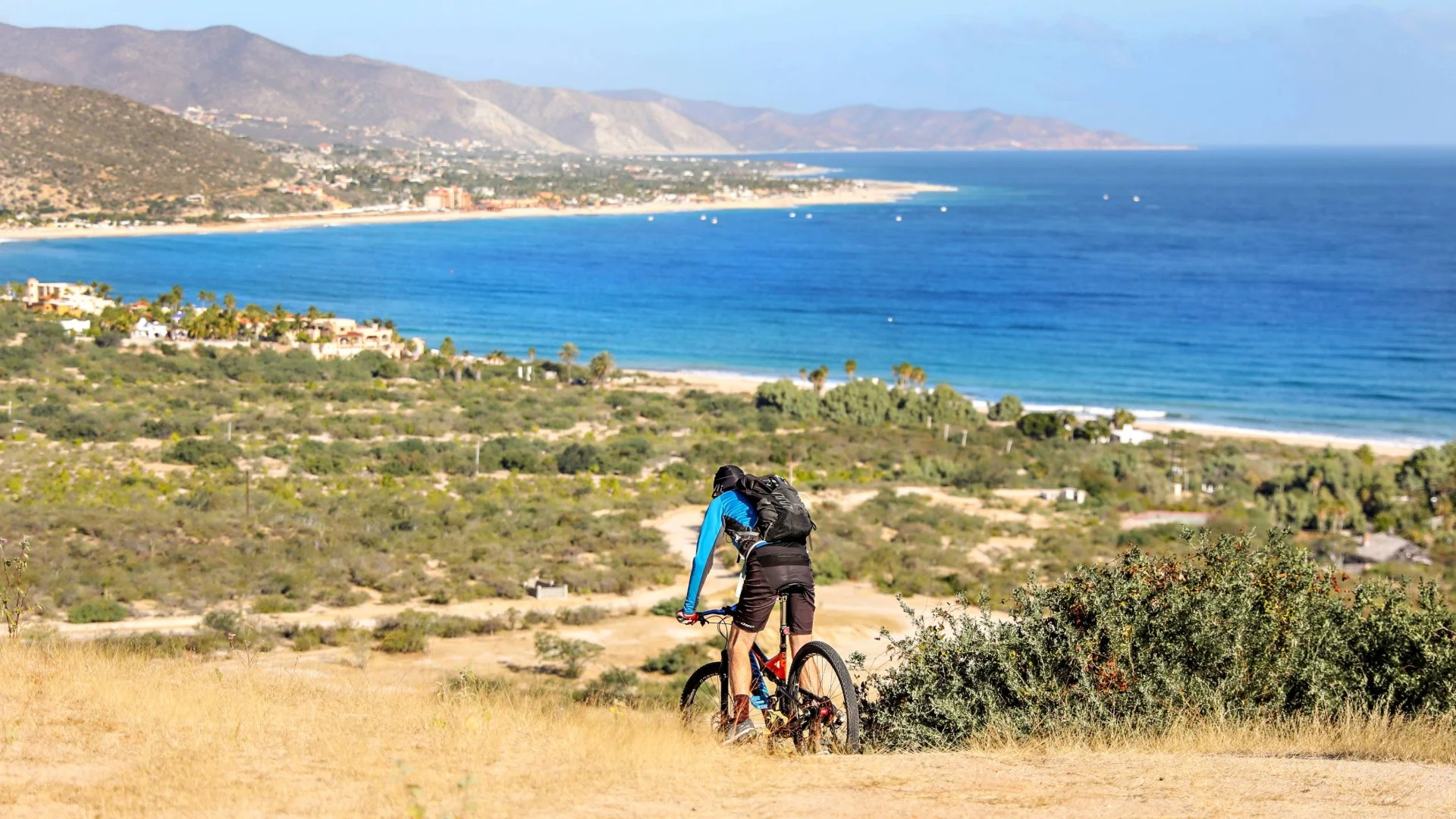 Cyclist on a mountain bike rides down a grassy hill overlooking a coastal town with a vast blue ocean and distant mountains.