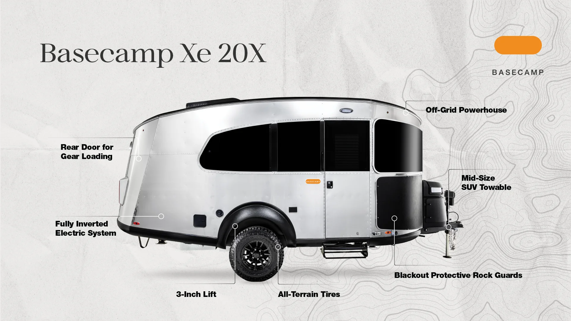 Silver Basecamp Xe 20X trailer with features labeled: off-grid powerhouse, mid-size SUV towable, blackout rock guards, all-terrain tires, and more.