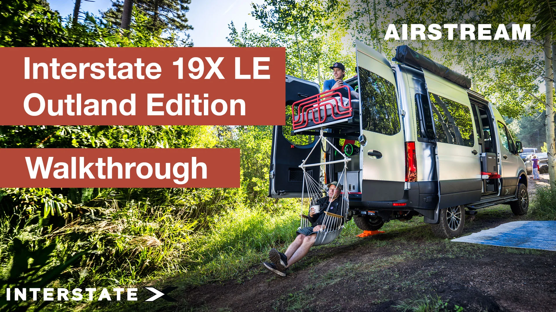 Airstream Interstate 19X LE Outland Edition parked in nature, featuring an open rear with a hammock chair.