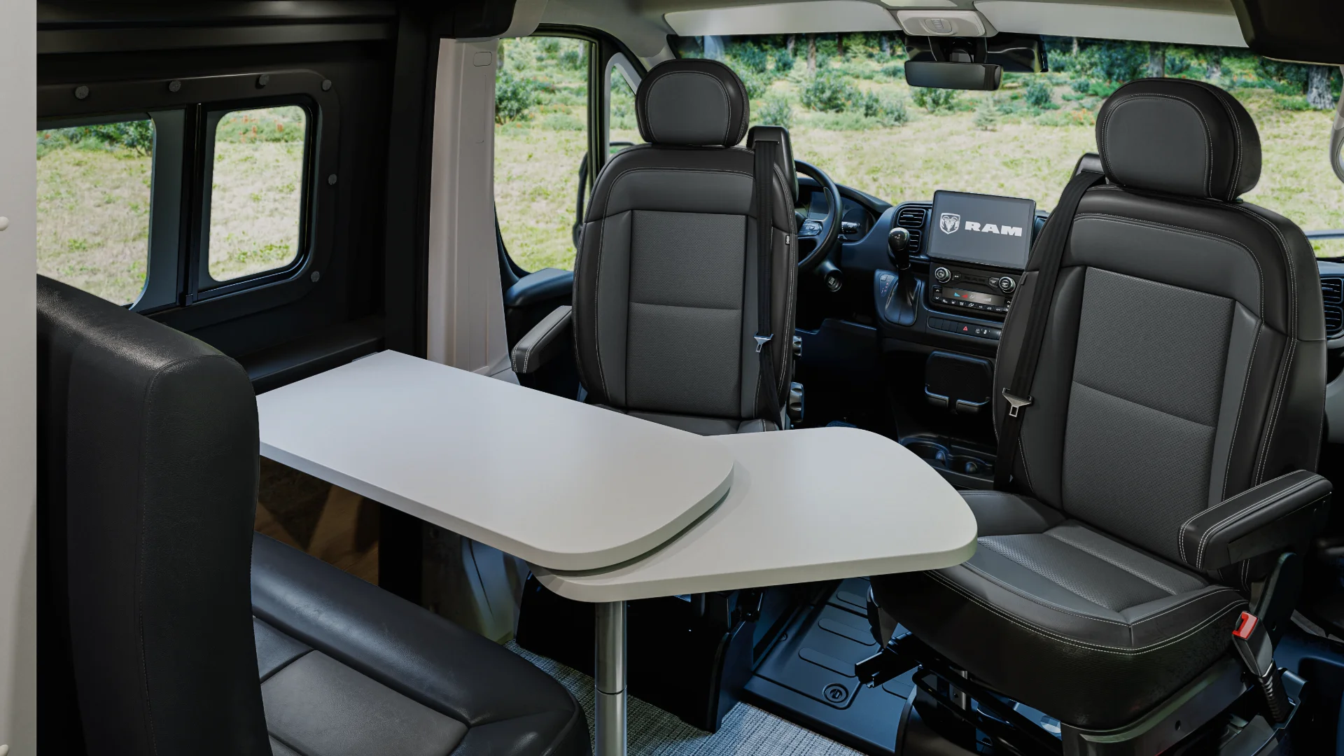 Front Carptain Chairs Swivel to Create a Lounge Area