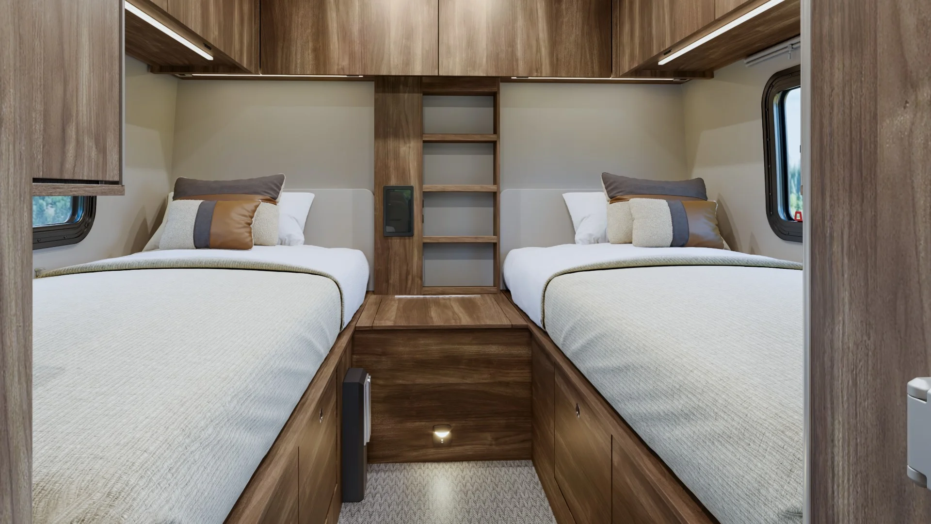 Cozy RV bedroom with twin beds, wood paneling, overhead storage, and small windows on each side.