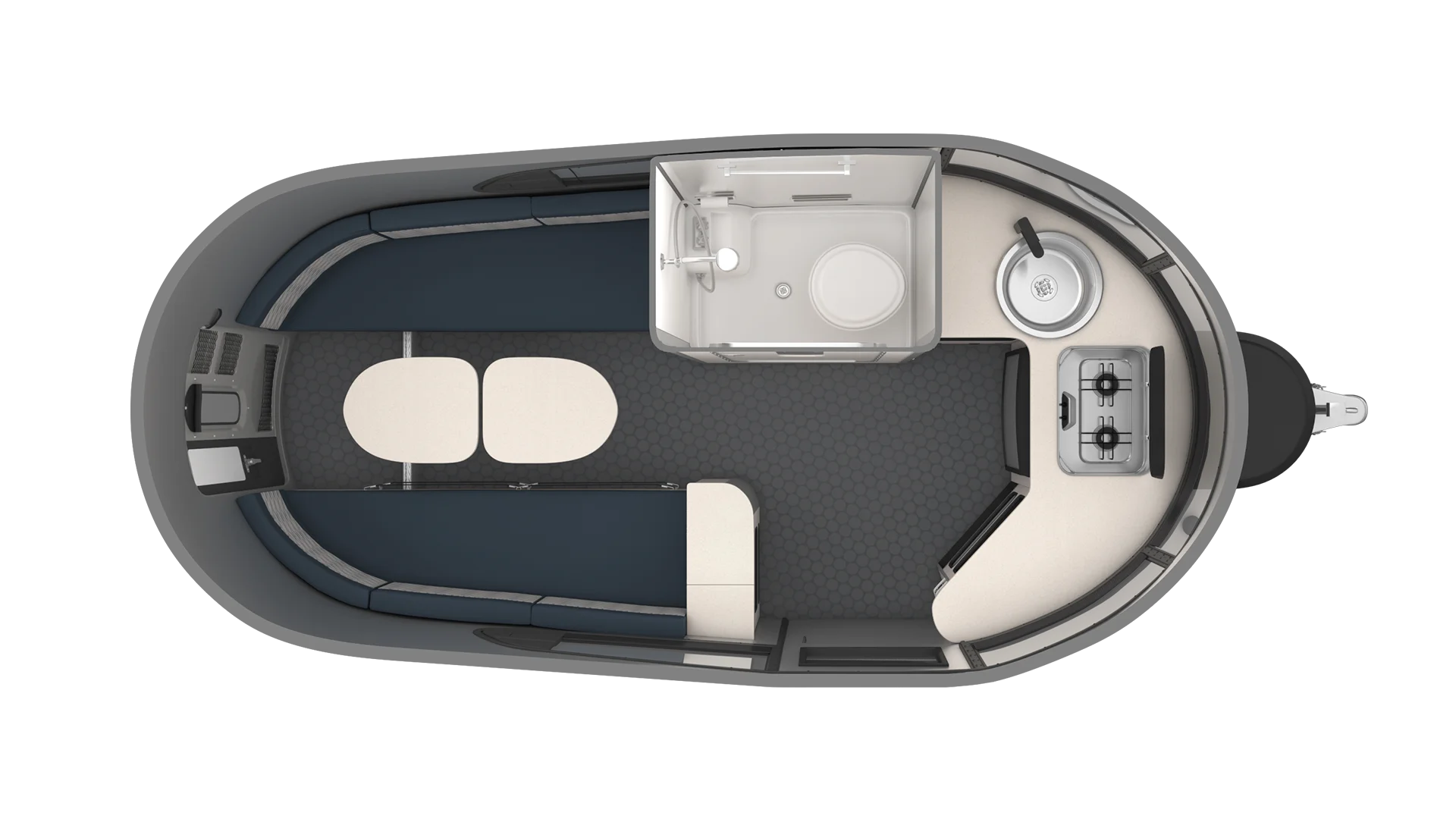Top view of a compact camper layout showing a kitchen, a seating area with a table, and a bathroom with a shower and toilet.