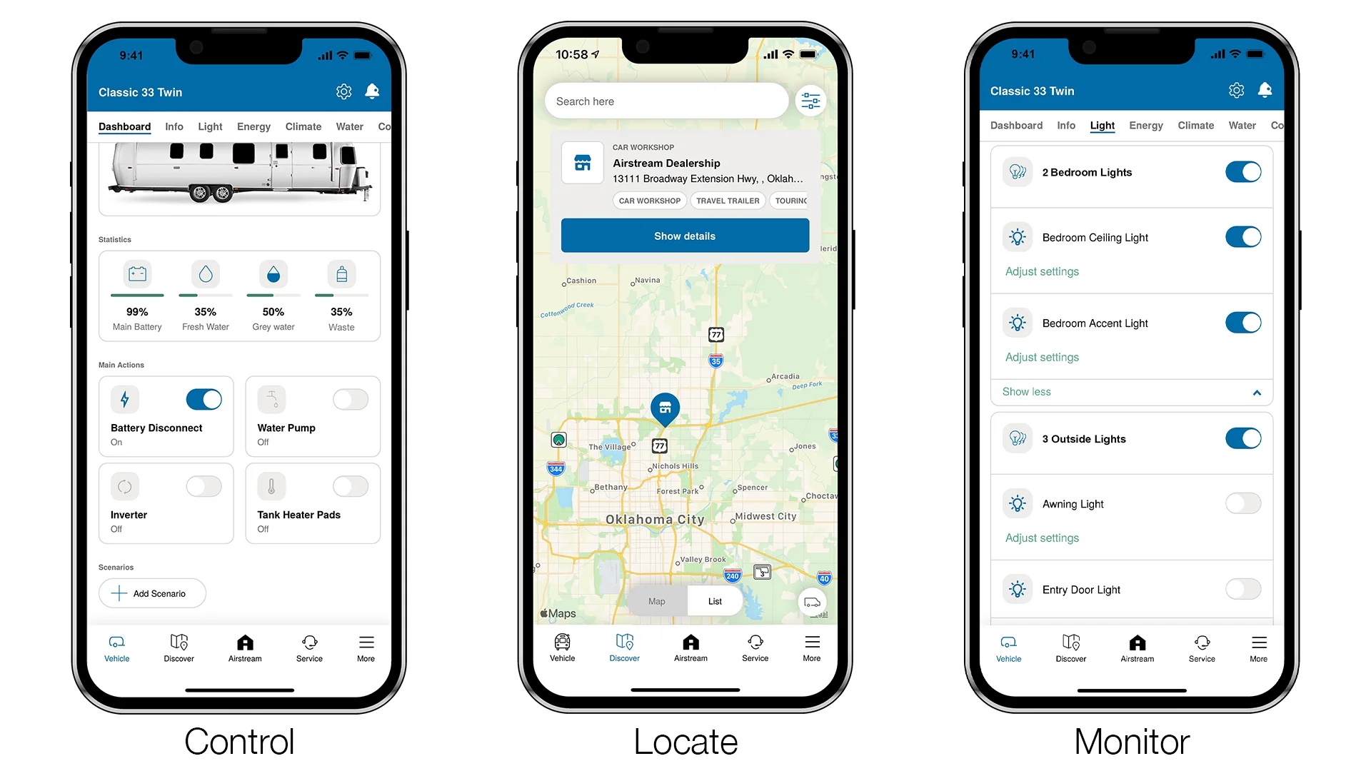 Three smartphone screens display an app for controlling, locating, and monitoring an RV, with maps, settings, and toggles.