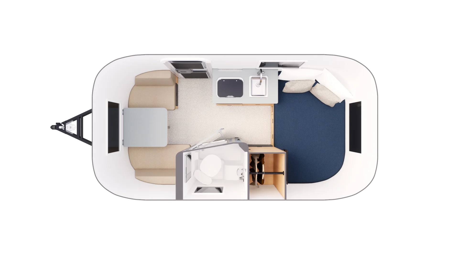 Top view of a camper interior with a sofa, table, kitchenette, sleeping area, and compact bathroom.