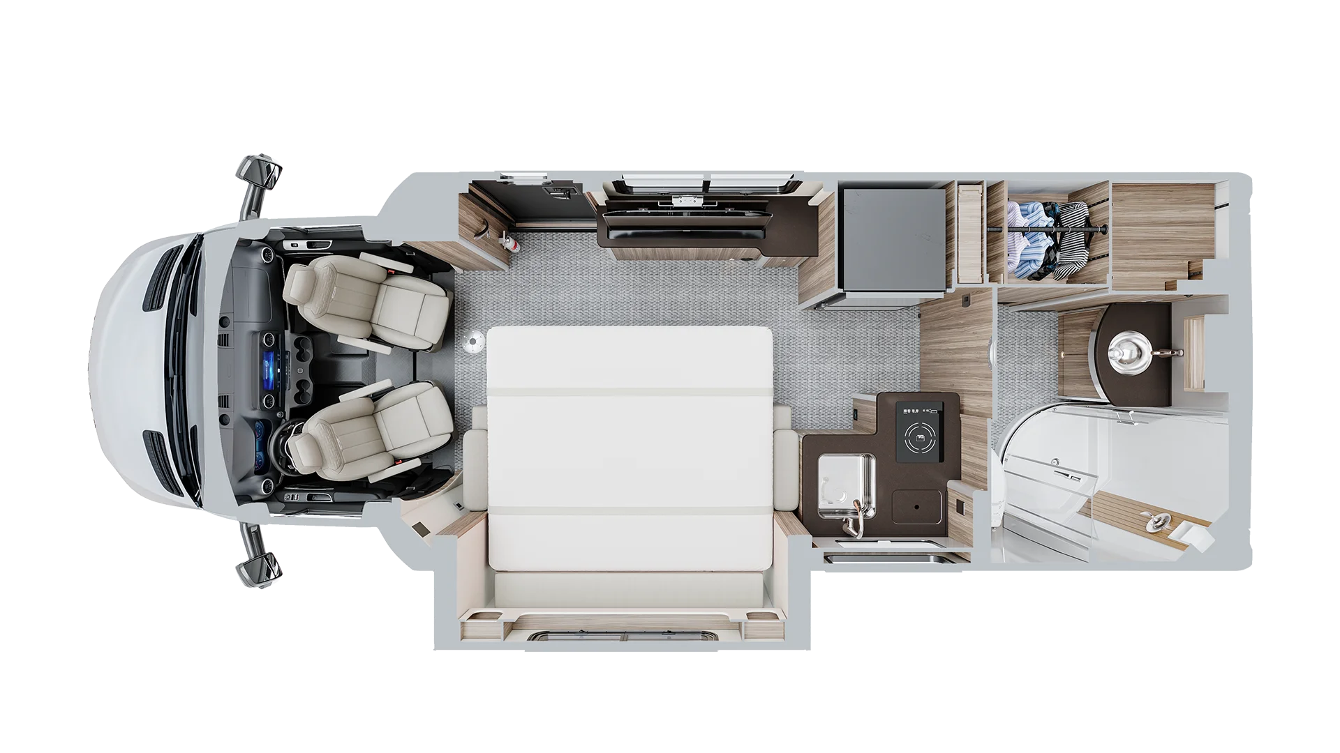 Overhead view of a compact RV interior layout featuring a bed, seating area, kitchen with stove and sink, storage, and bathroom with shower.